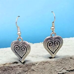 Silver Tone Heart Scroll Dangle Earrings